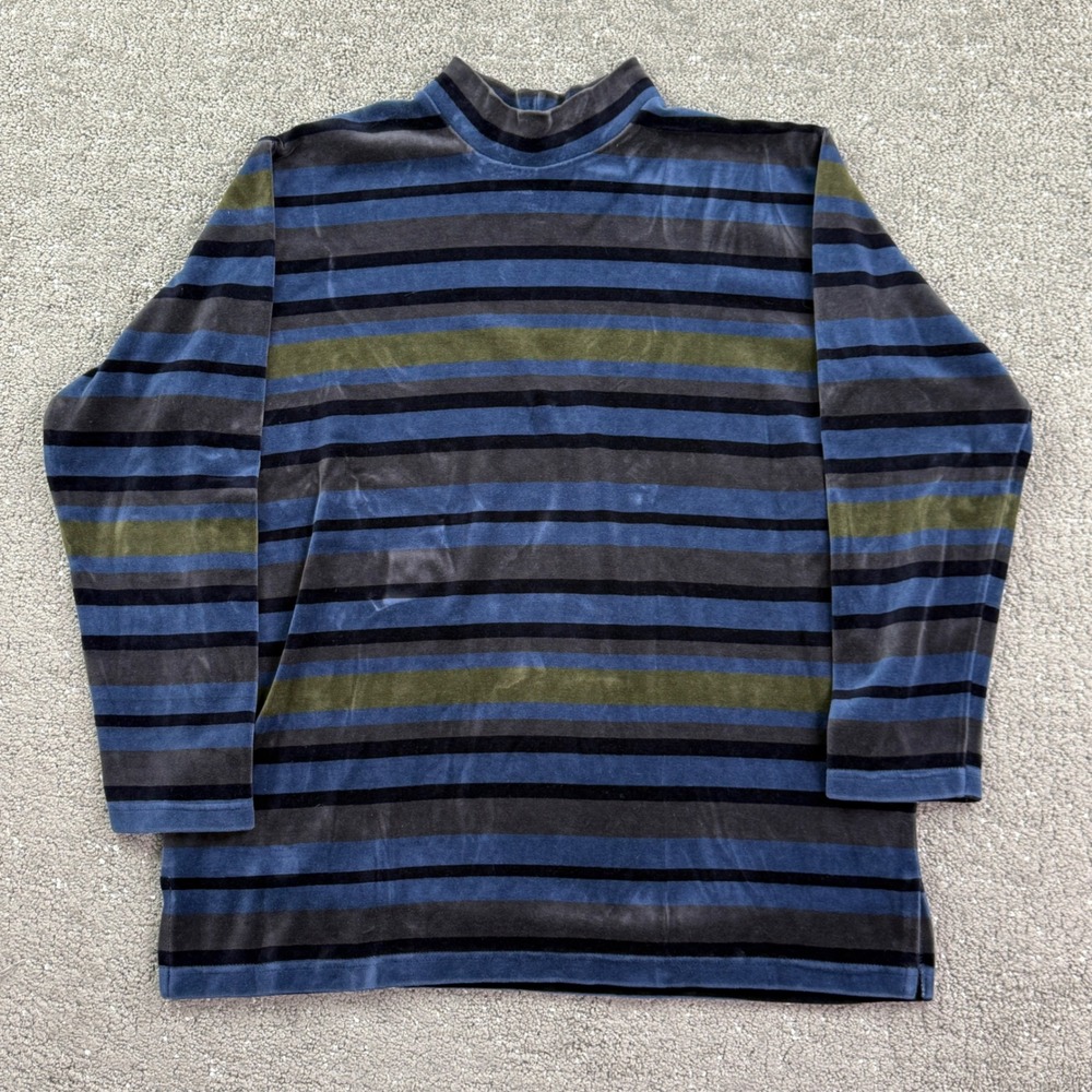 Vintage 90s Chaus Sport Womens M Striped Velour Mock Neck Top Shirt Retro